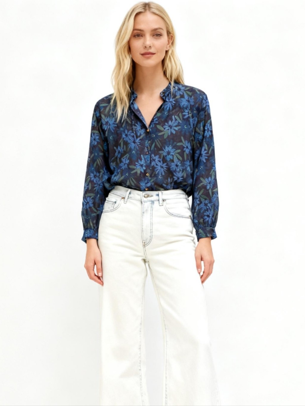 Humanoid Button-Down Floral Navy Blouse Size L